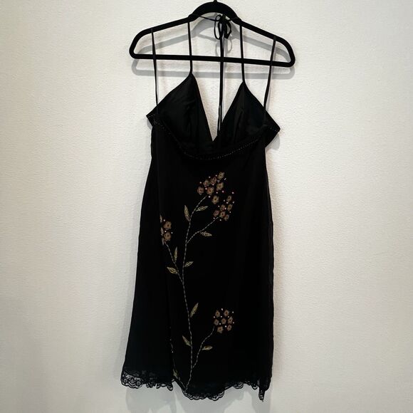 Vtg Y2K Floral Deep V Neck Womens Dress 100% Silk Empire Style Beaded Size 14 - Picture 4 of 8